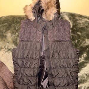 Aeropostale Charcoal Puffer Vest with Faux Fur Hood